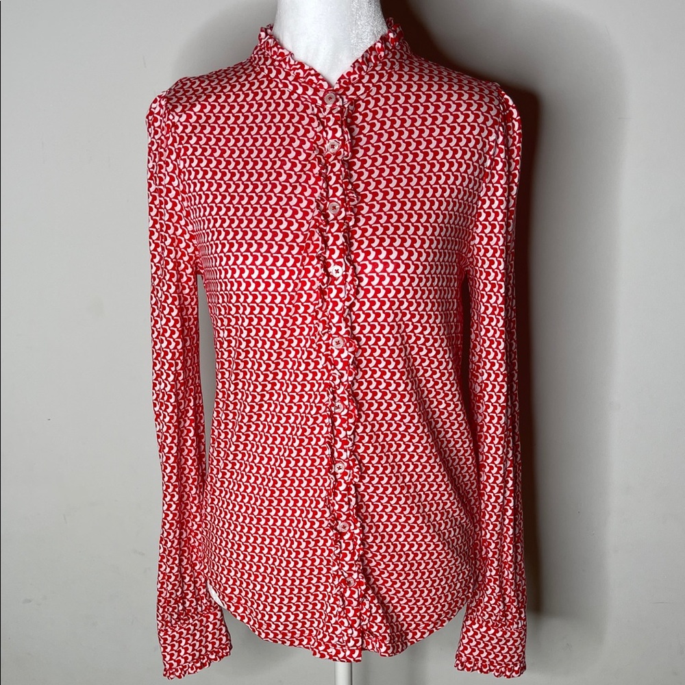 Boden Red and White ruffle trim button down shirt- size 2